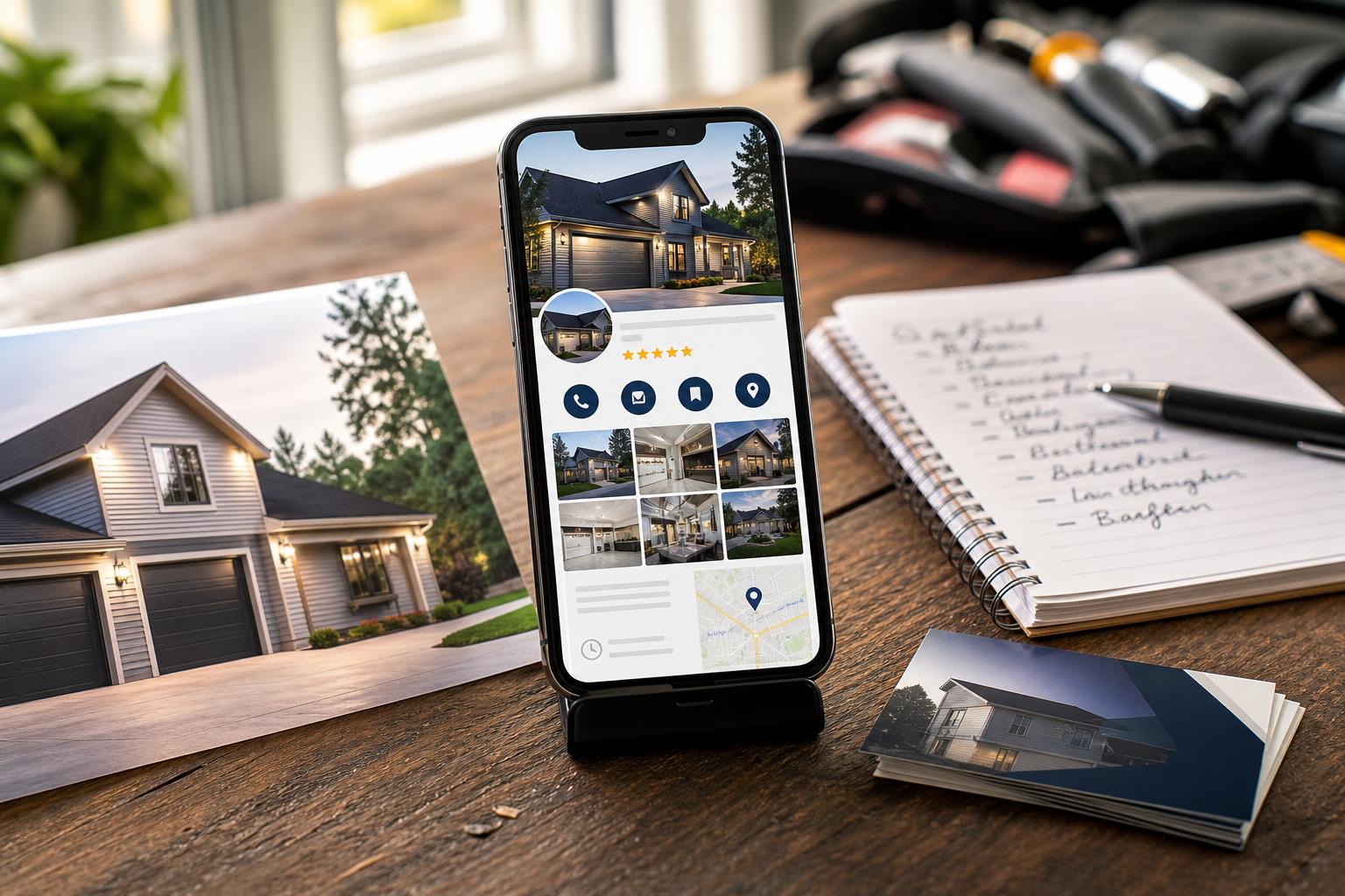 Smartphone propped on a desk showing a detailed local business profile page with photo gallery and contact actions, beside a printed photo of a finished service job, a notebook with handwritten service categories, and a small stack of business cards.