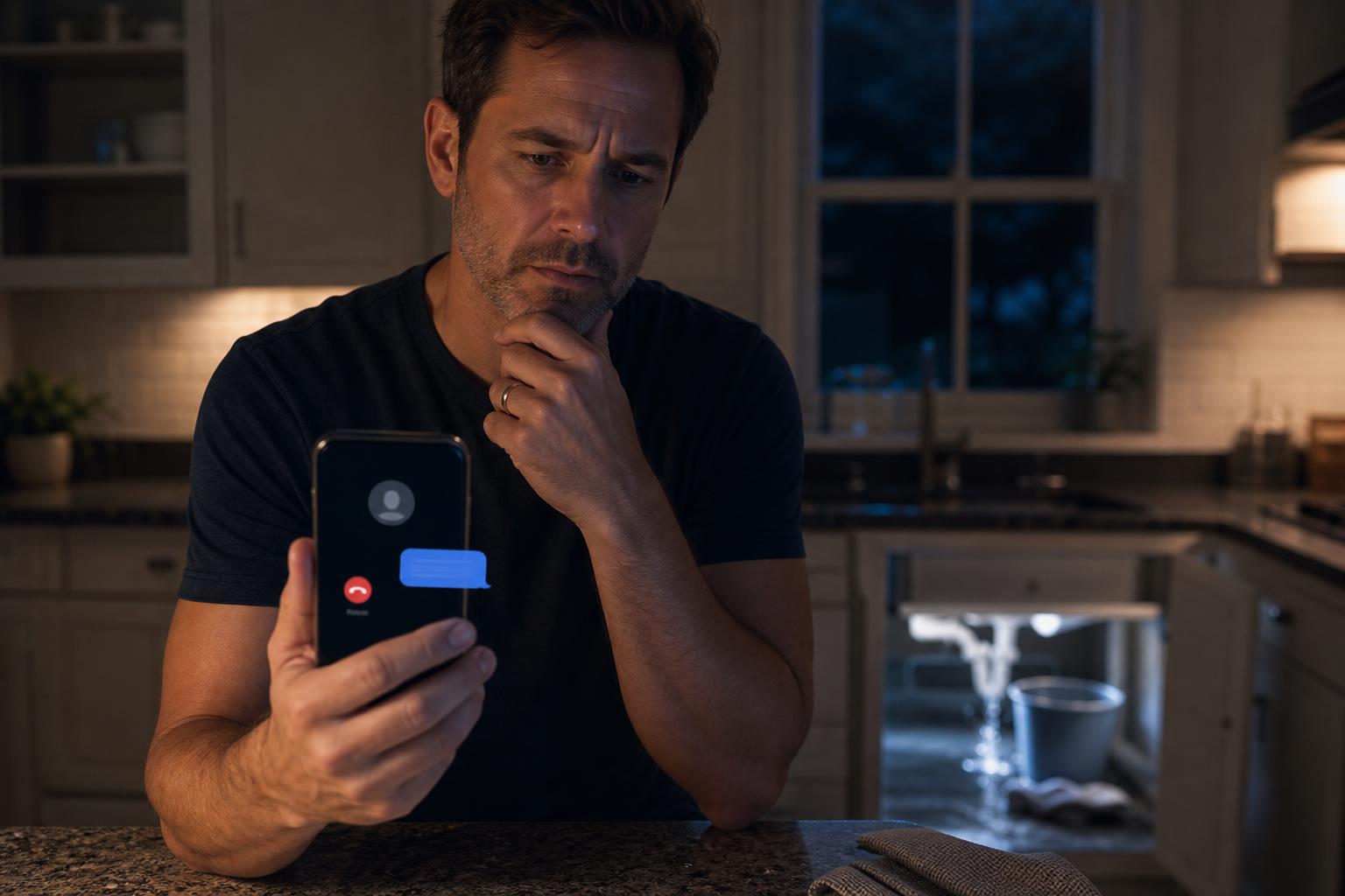 Homeowner at night in a softly lit kitchen looking at a phone showing a missed call and an incoming text message, with a small water leak visible under the sink behind them.