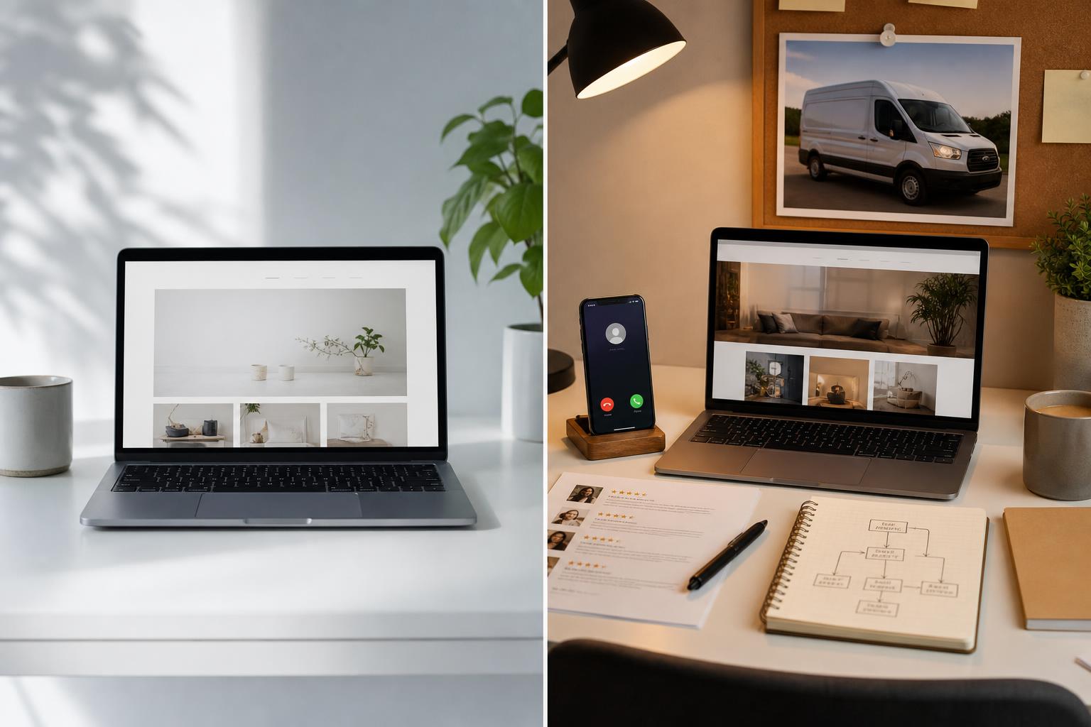 Split desk scene: on the left a minimal laptop showing a polished homepage, on the right the same desk with a phone receiving a call, customer review printout, workflow notebook, and a service van photo pinned on a corkboard.