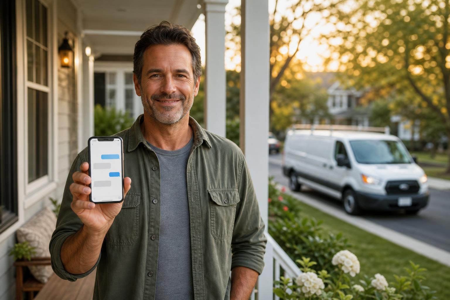 Satisfied homeowner standing on a front porch in late-afternoon light, holding a phone showing a simple text-message conversation, with a clean service van parked at the curb.