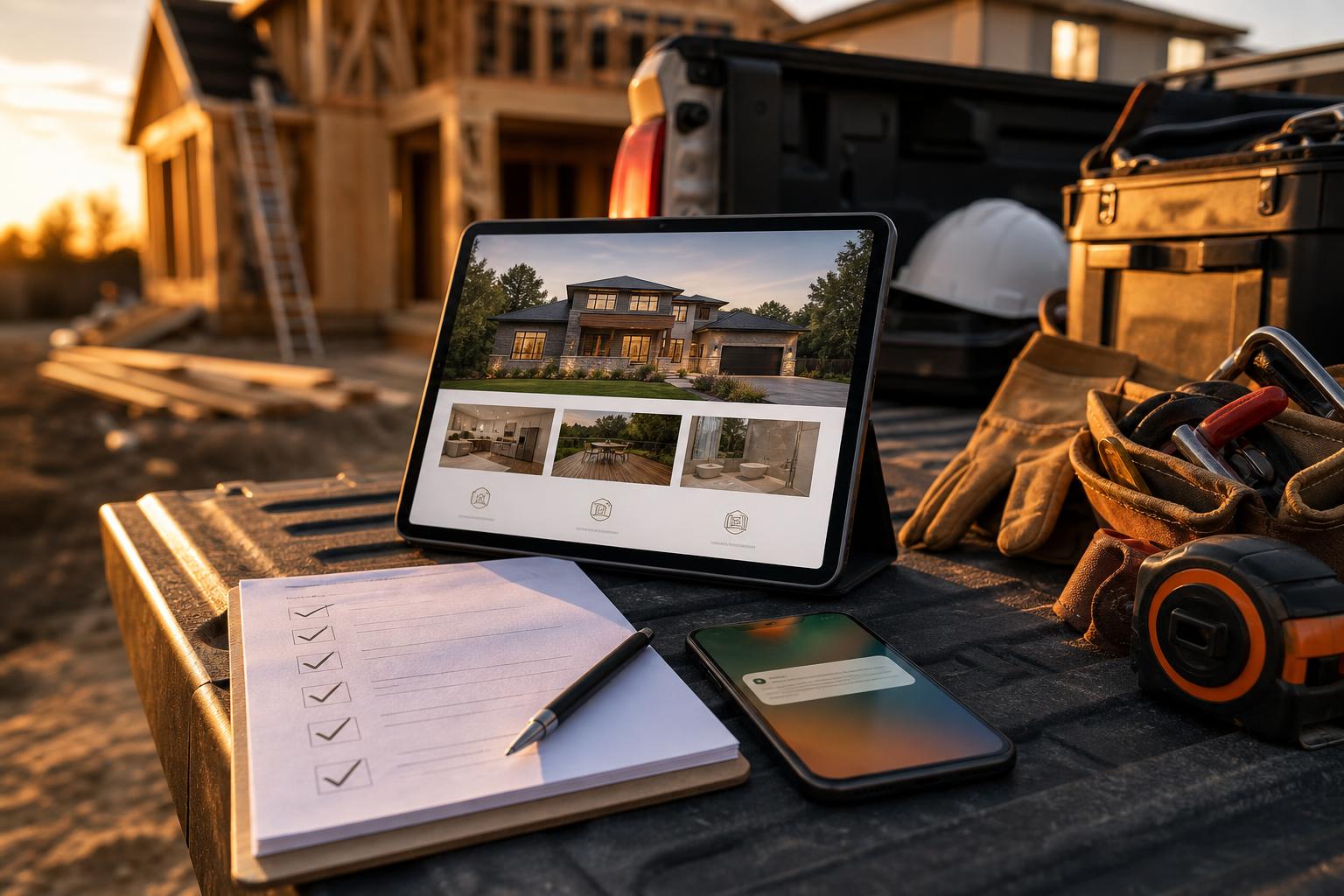Tablet propped on the tailgate of a contractor's truck displaying a clean local business page, beside a printed checklist with checkmarks, a phone showing a quote-request notification, and a tool belt in warm golden-hour light.