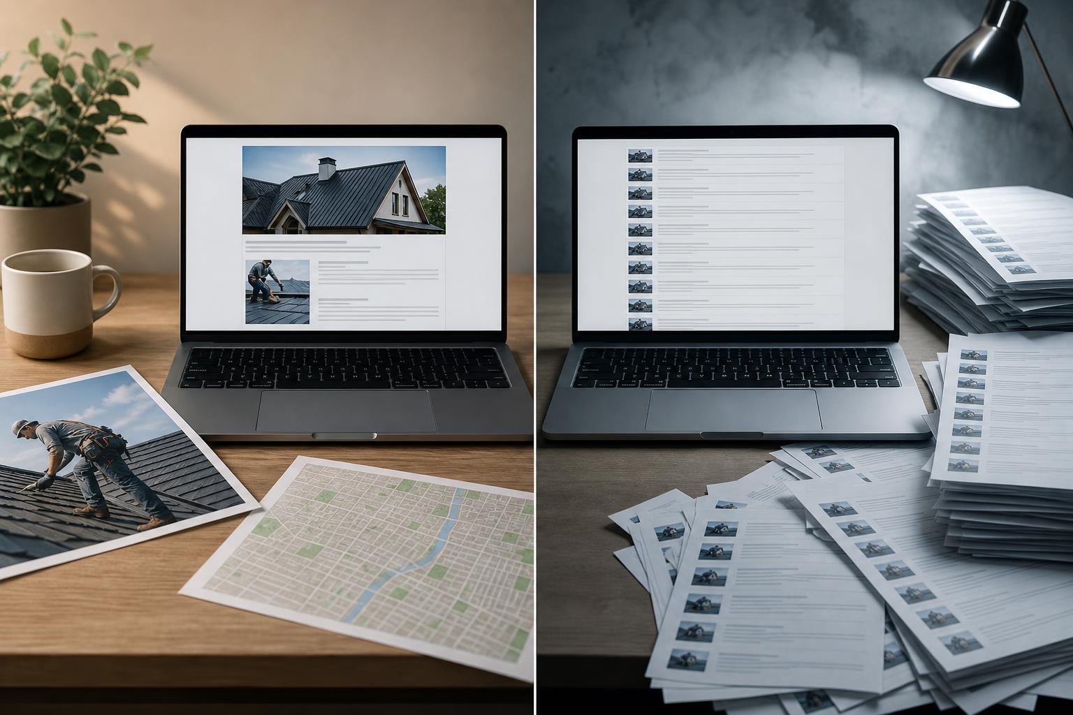 Split desk scene: on the left a laptop showing a detailed local service page beside a printed roofing job photo and neighborhood map, on the right the same laptop showing a stack of repetitive nearly identical pages and a pile of duplicated printouts.