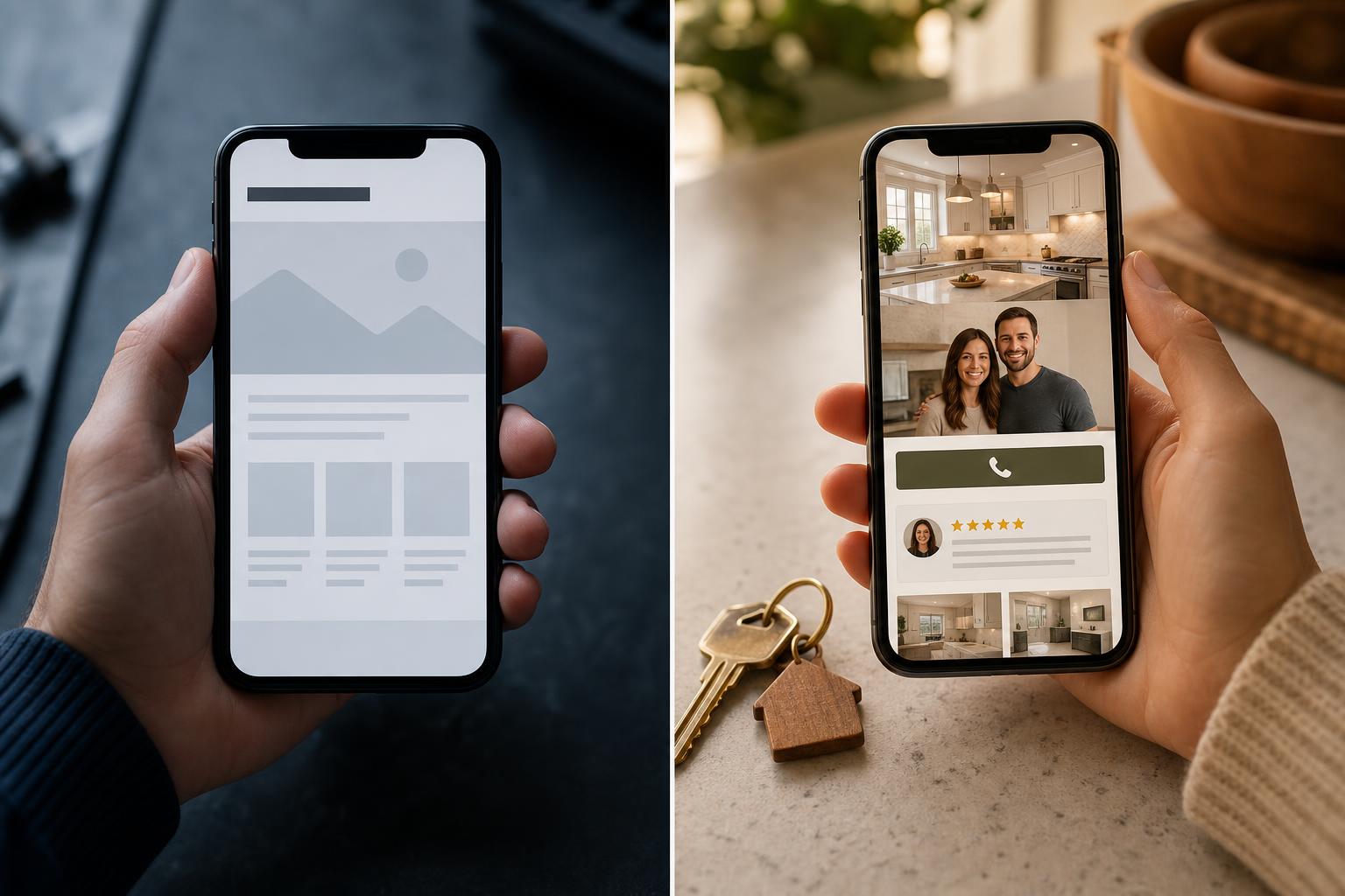 Mobile-first split scene: on the left a hand holding a phone showing a vague generic contractor homepage in dim light, on the right a hand holding a phone showing a clear service-specific page with a prominent call button, customer photo, and review on a sunlit kitchen counter.