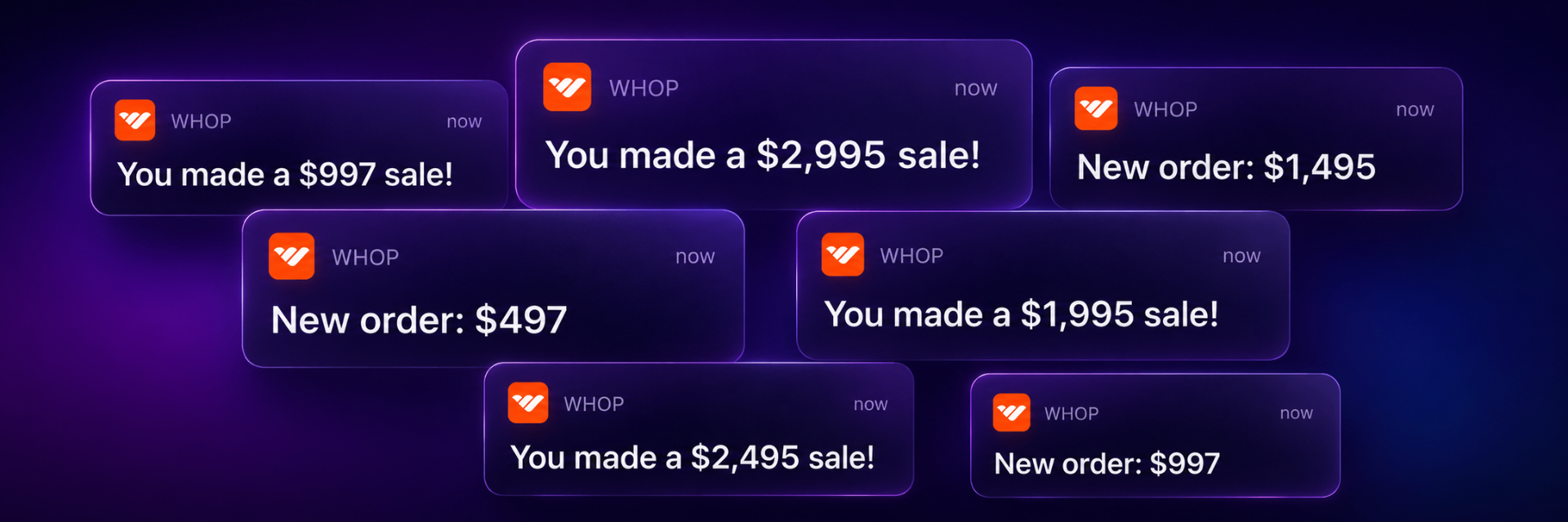 Stylized notifications showing high-ticket digital offers